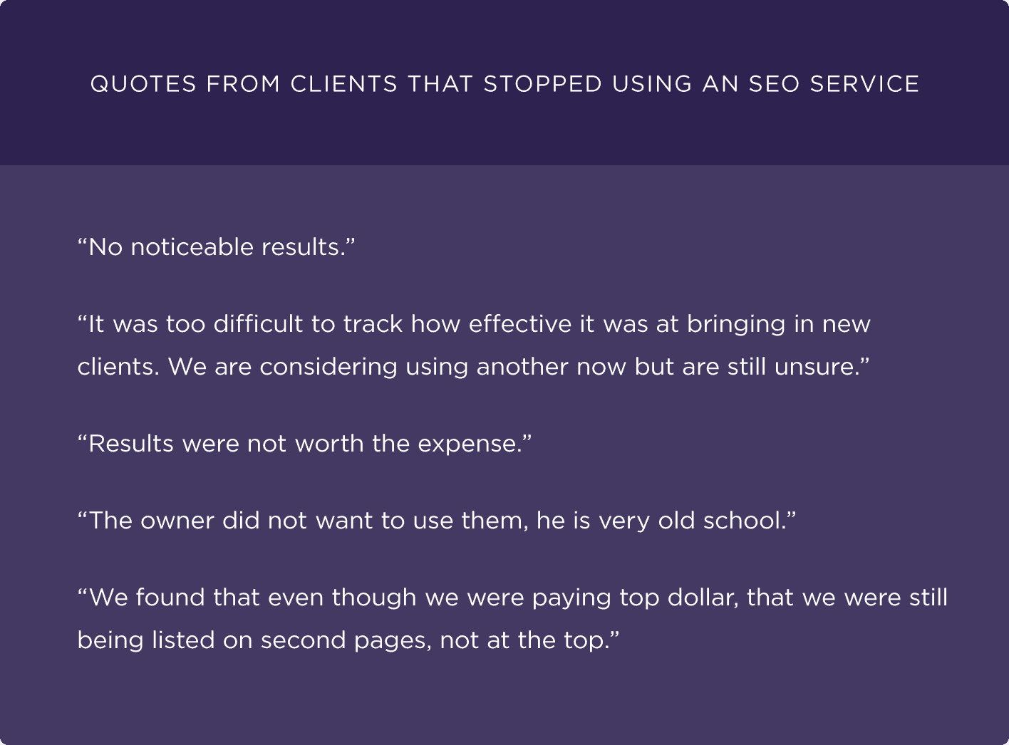 Quotes from clients that stopped using an SEO service Quotes from clients that stopped using an SEO service