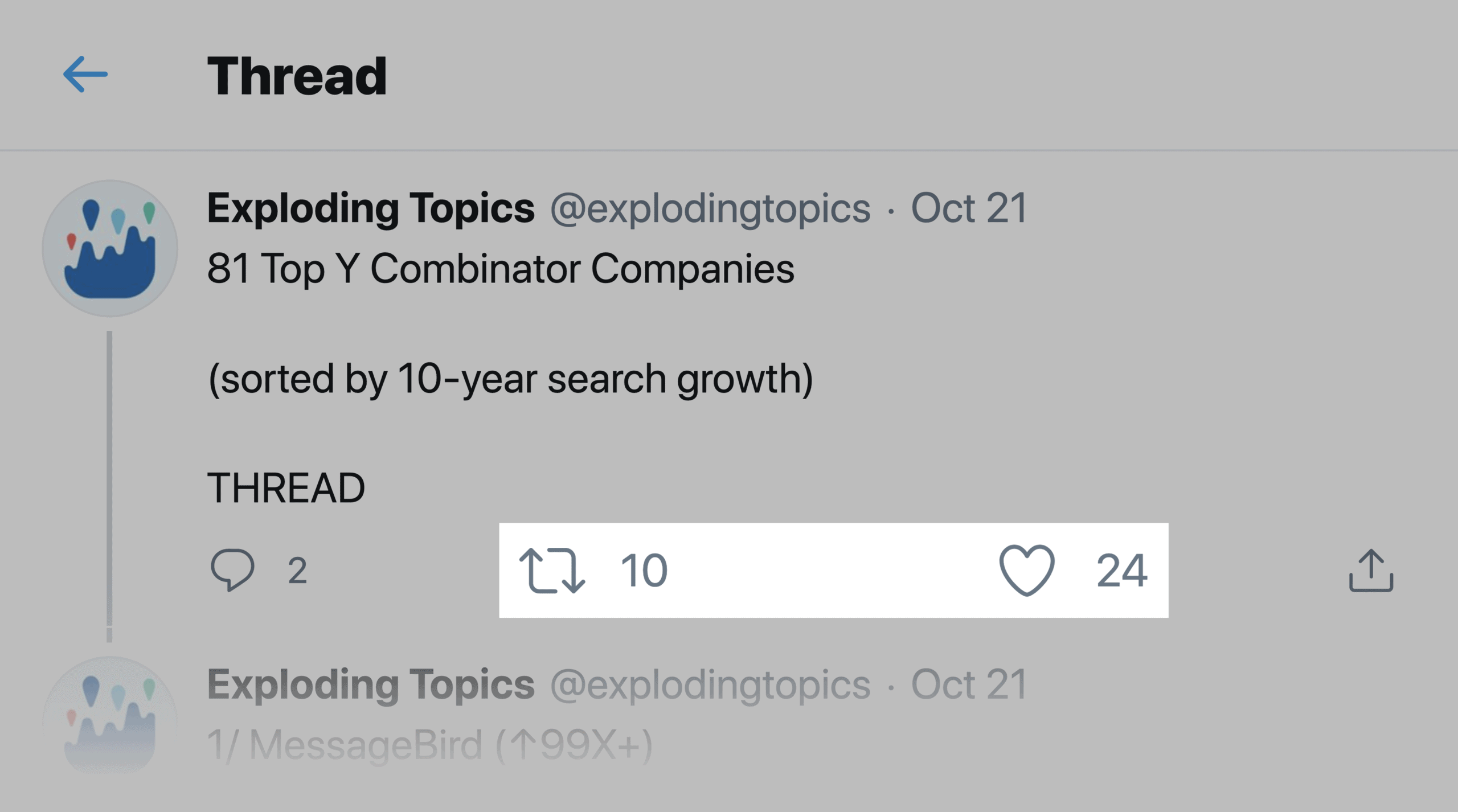 Exploding Topics – Top Y Combinator Companies Tweet Thread Engagement Exploding Topics – Top Y Combinator Companies Tweet Thread Engagement