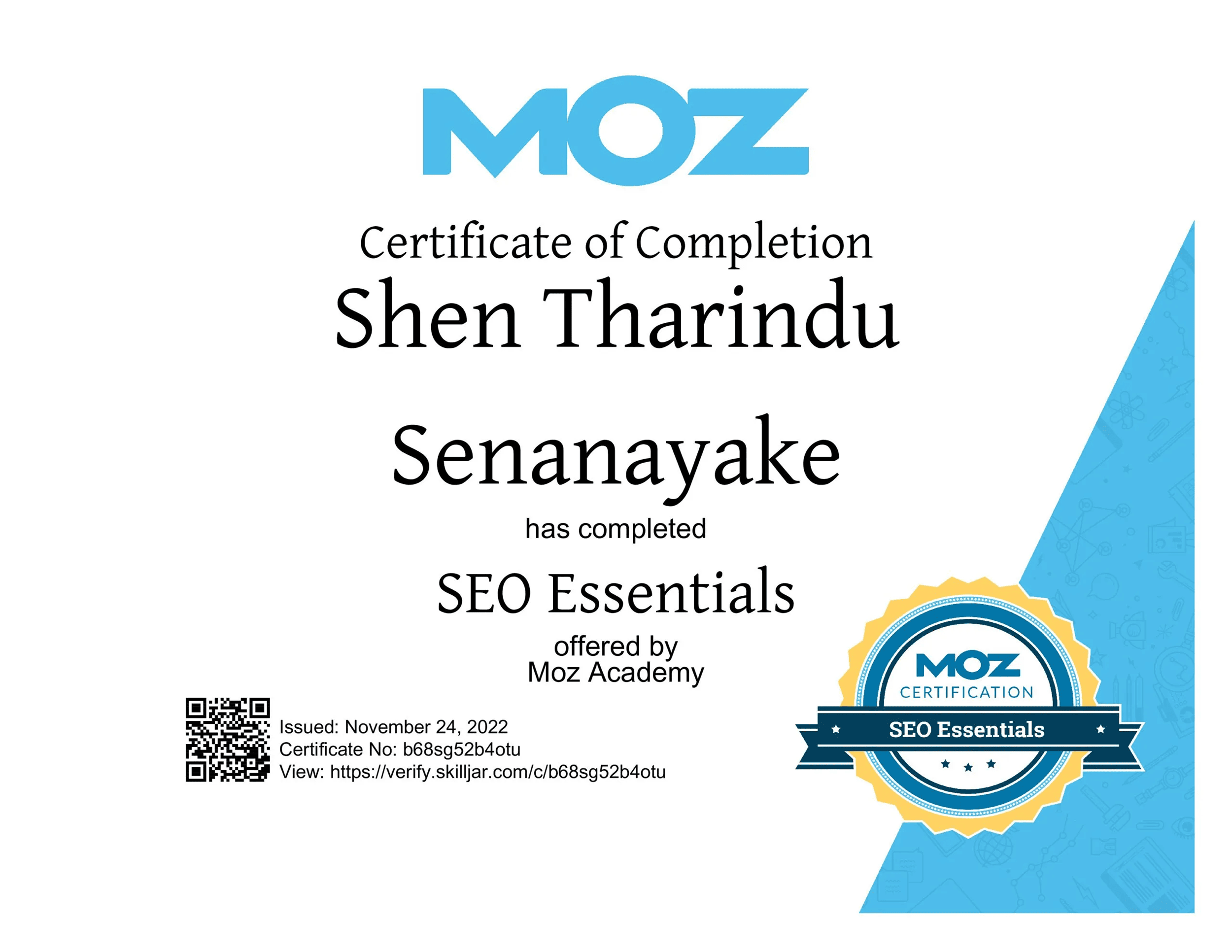 Moz – SEO Essentials certificate Moz – SEO Essentials certificate