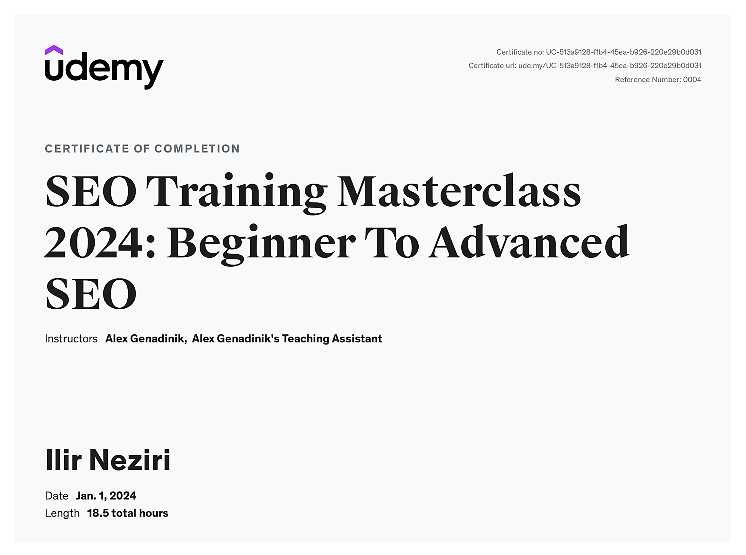 SEO Training Masterclass certificate SEO Training Masterclass certificate