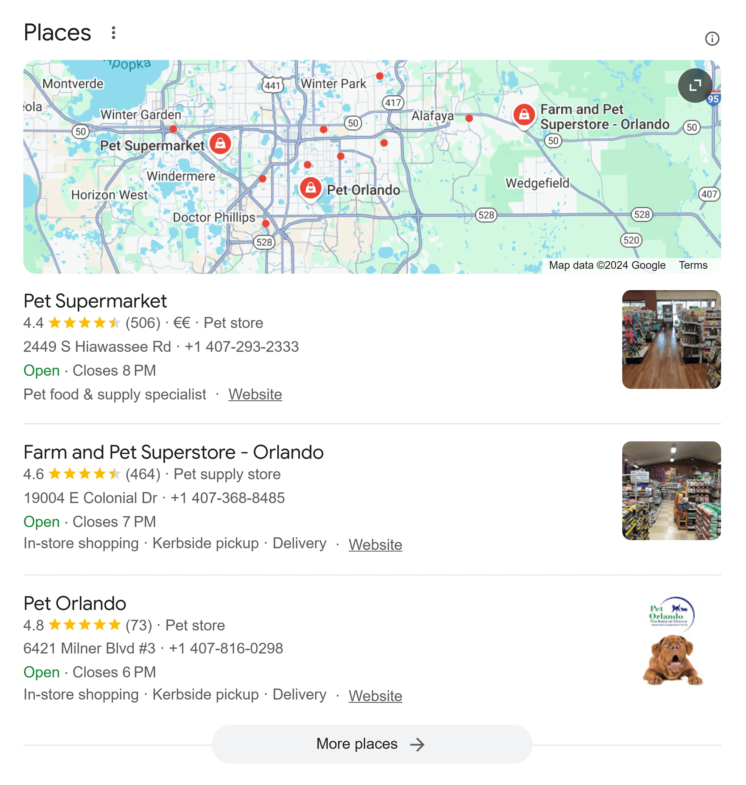 Google SERP – Pet shop near me – Local pack Google SERP – Pet shop near me – Local pack