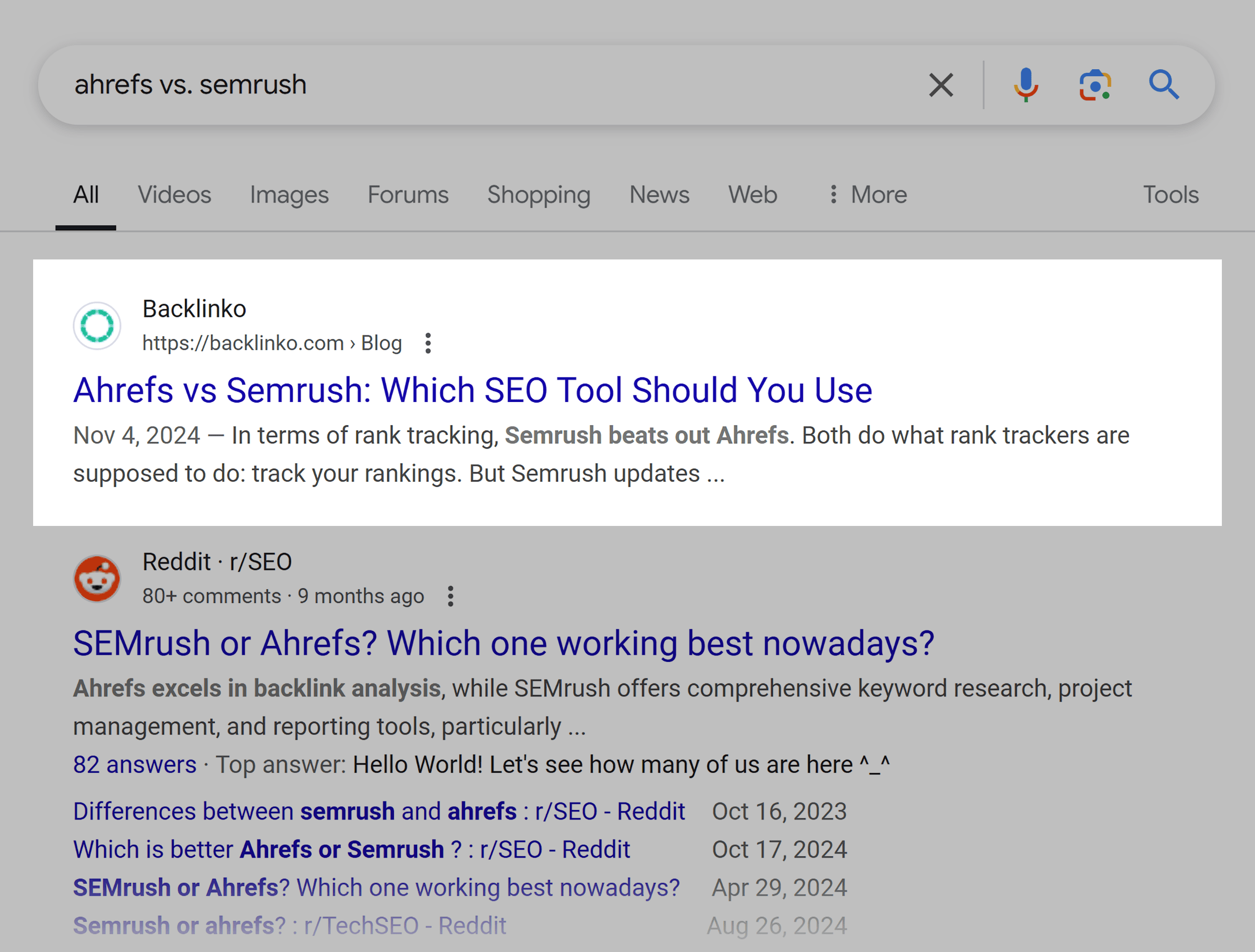 Google SERP – Ahrefs vs. Semrush Google SERP – Ahrefs vs. Semrush