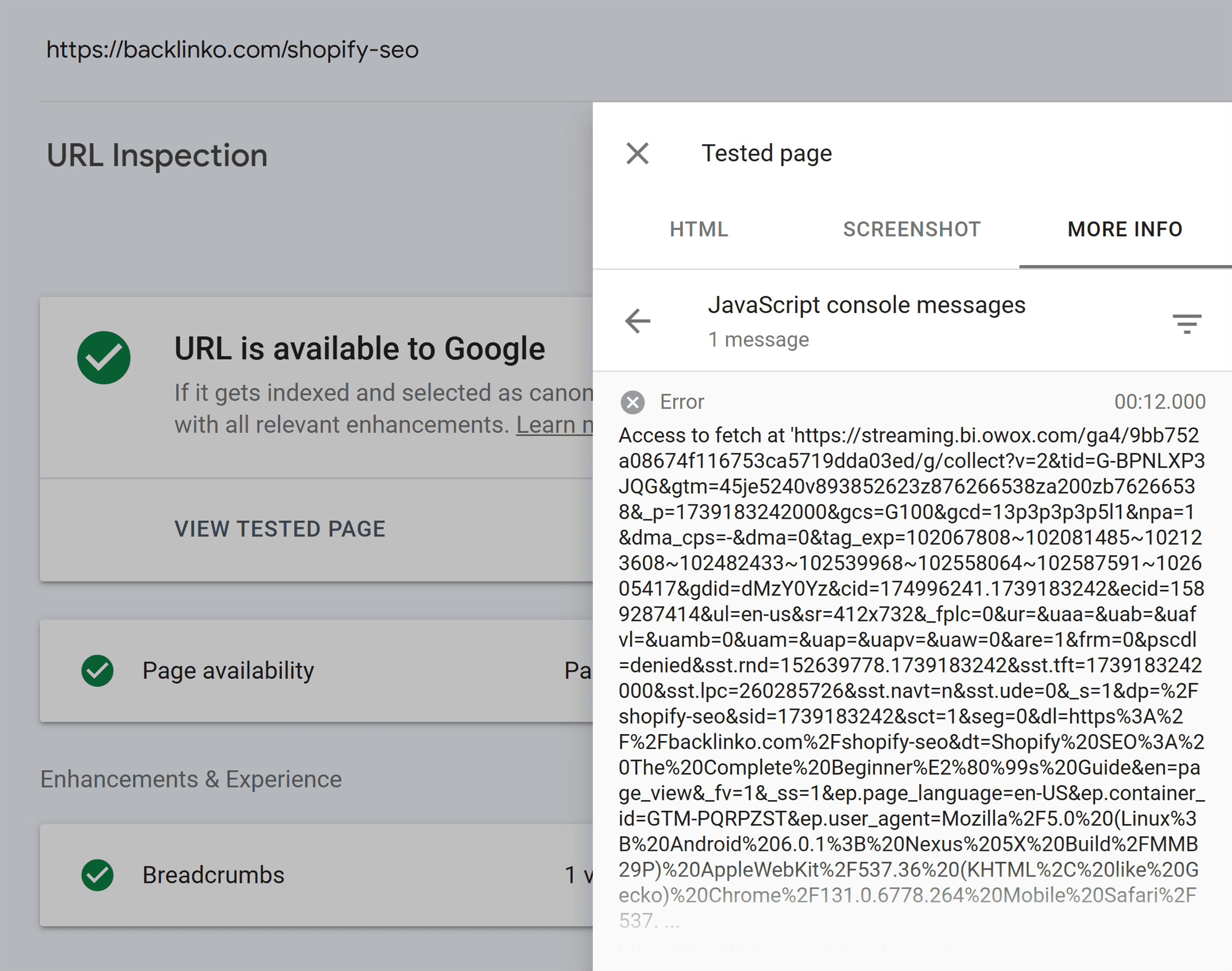 GSC – URL Inspection – JS Console Messages