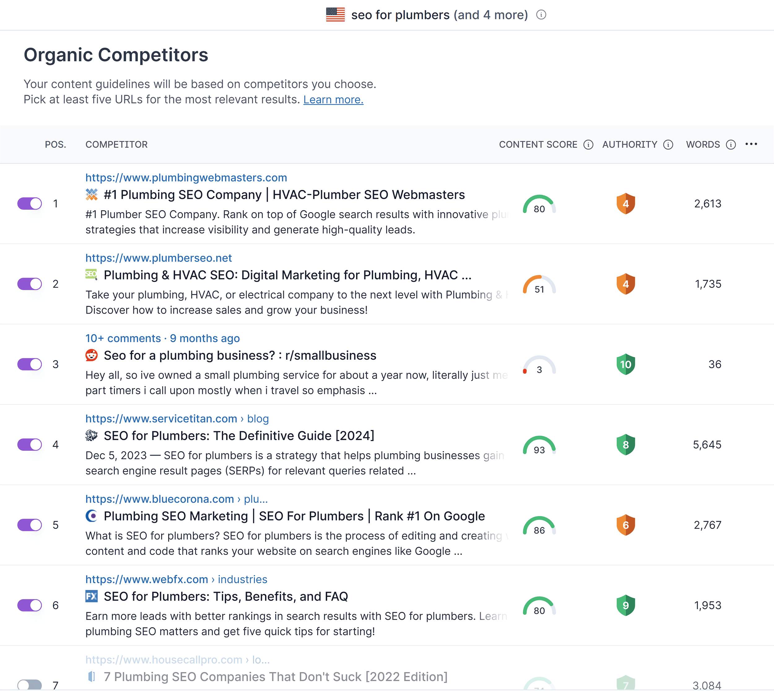 Surfer SEO – Competitors report – SEO for plumbers