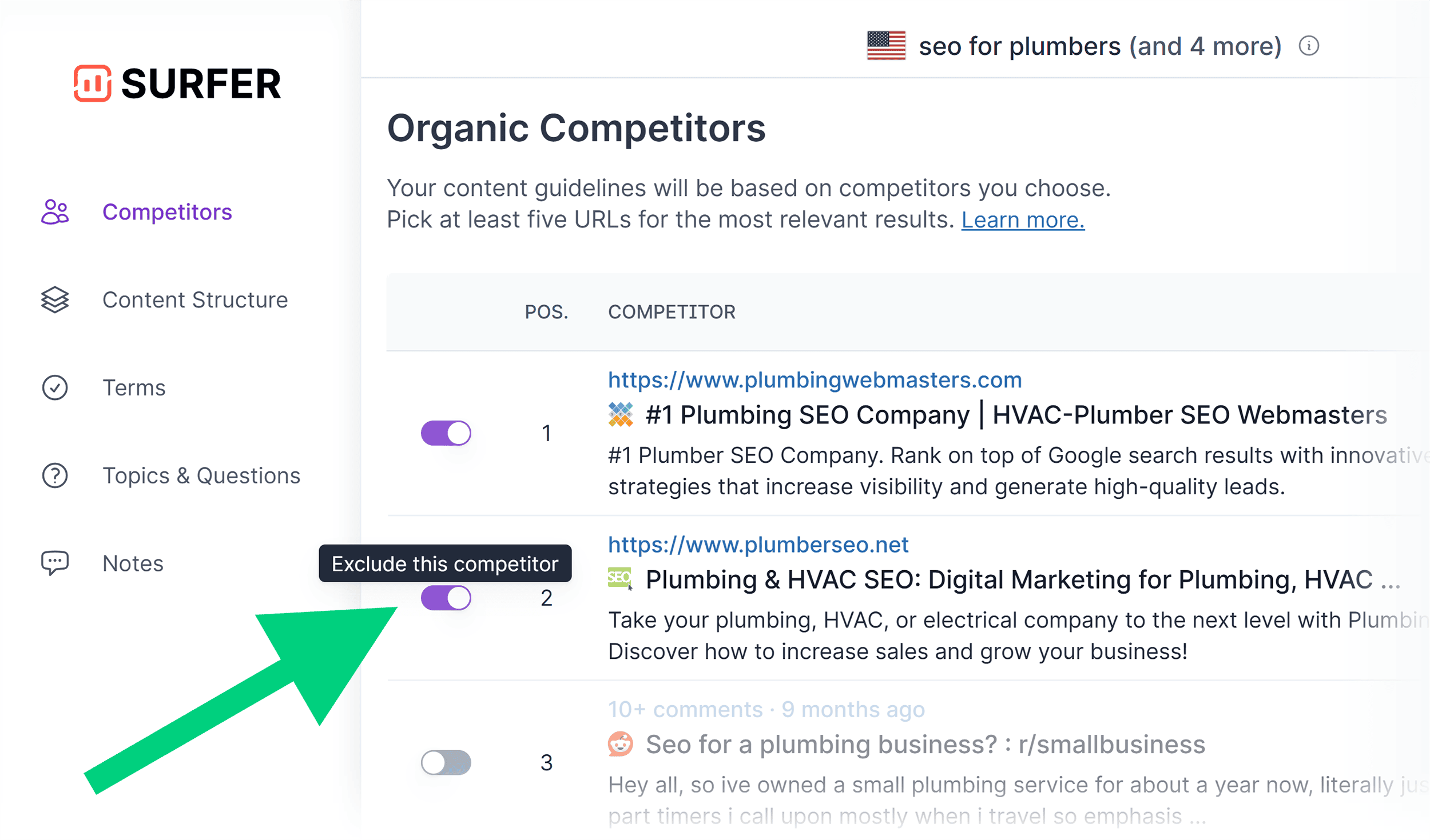 Surfer SEO – Organic Competitors – Exclude this competitor