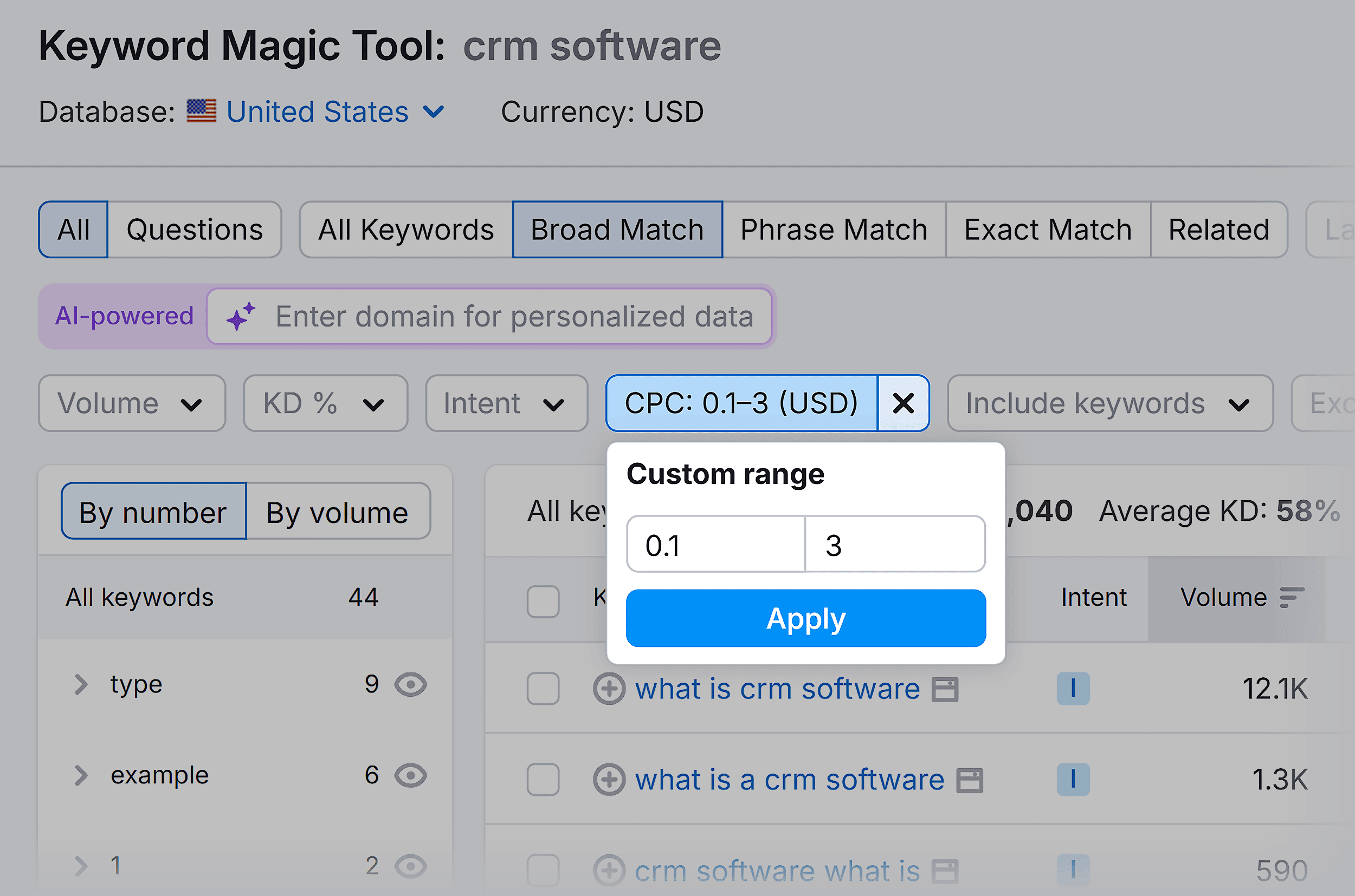 Keyword Magic Tool – CPC filter Keyword Magic Tool – CPC filter